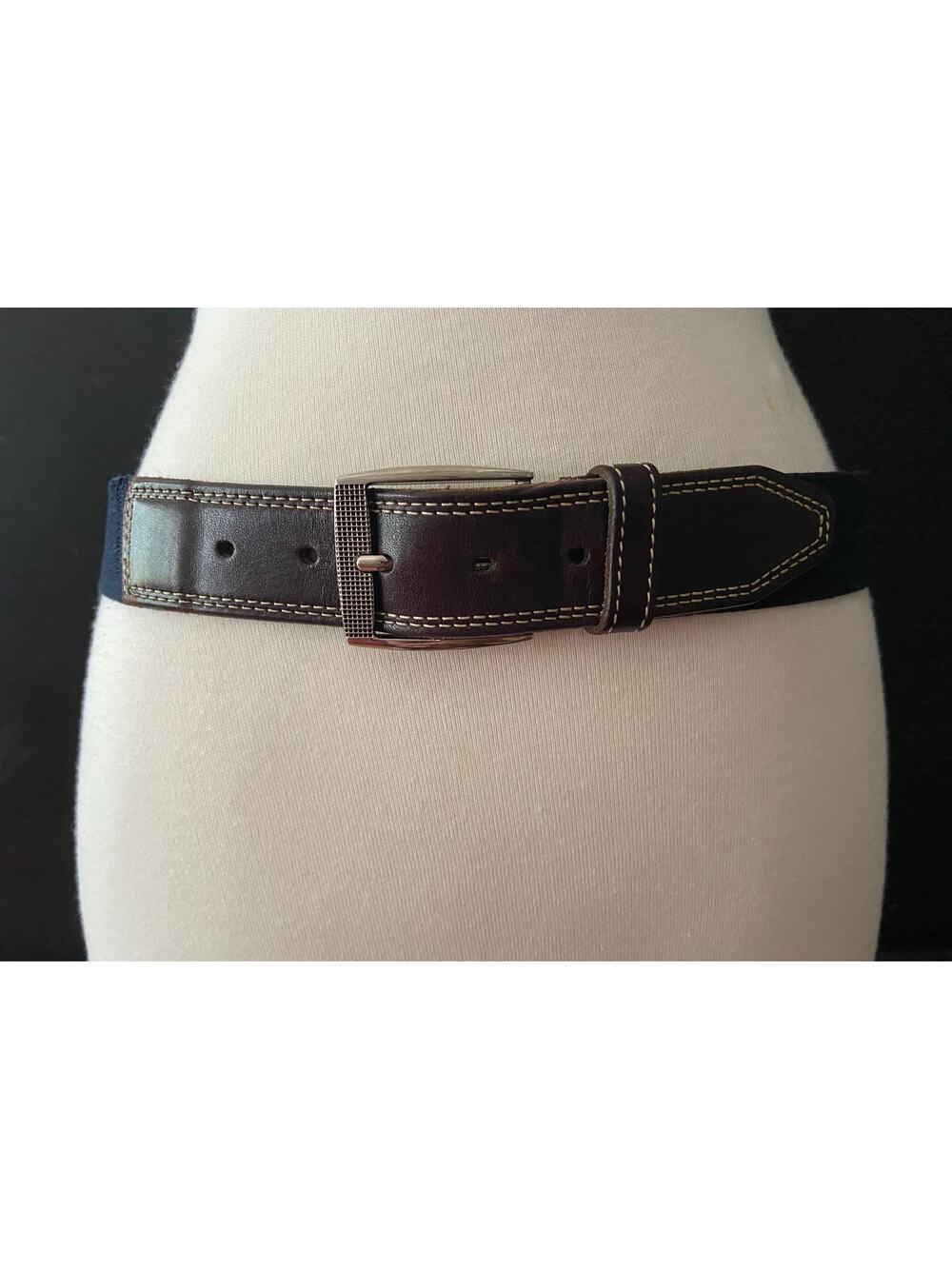 MARTIN DINGMAN Navy Surcingle Belt w/Dark Brown Leather Trim Womens sz 32